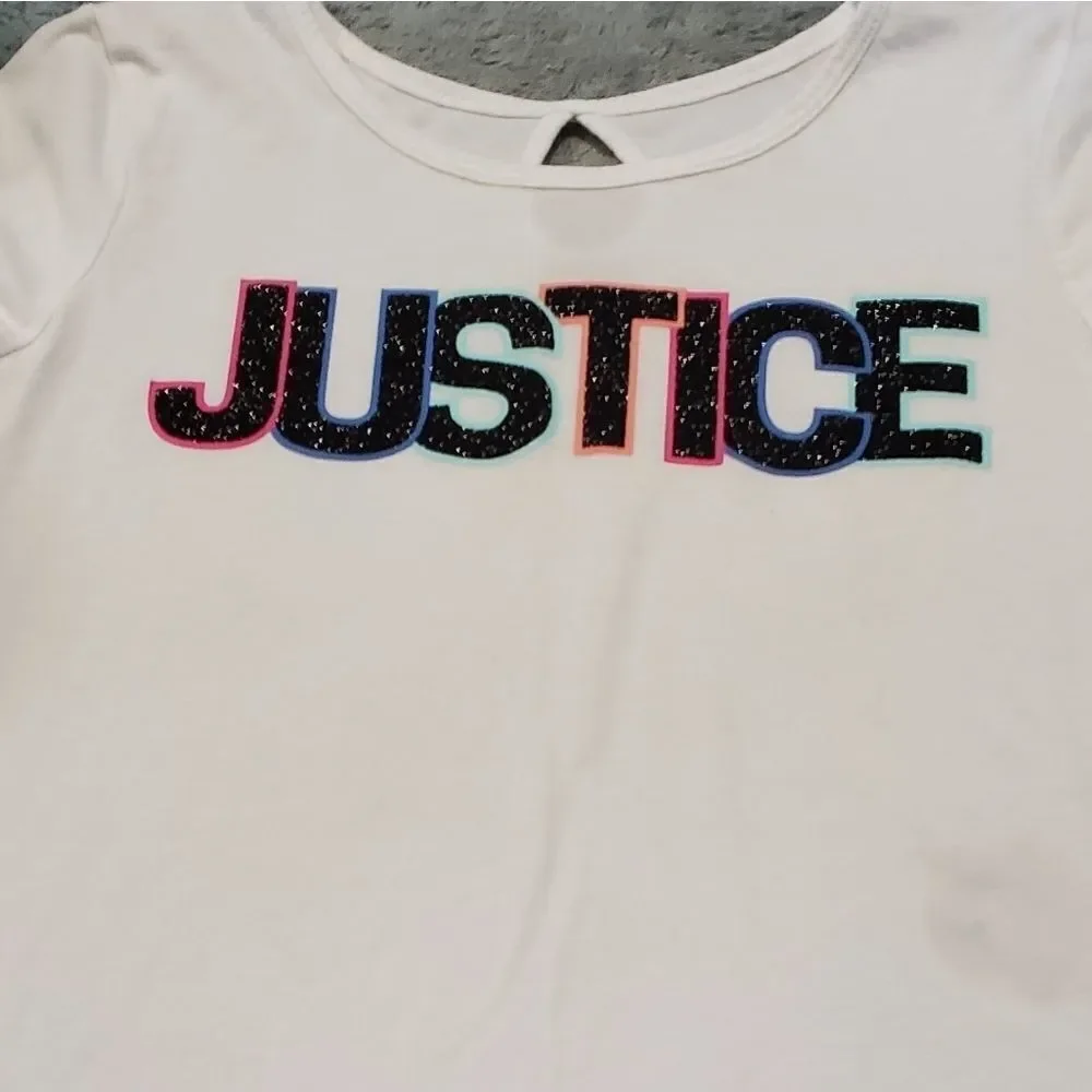 Girls Justice White Black Logo Glitter Graphic Tee XL